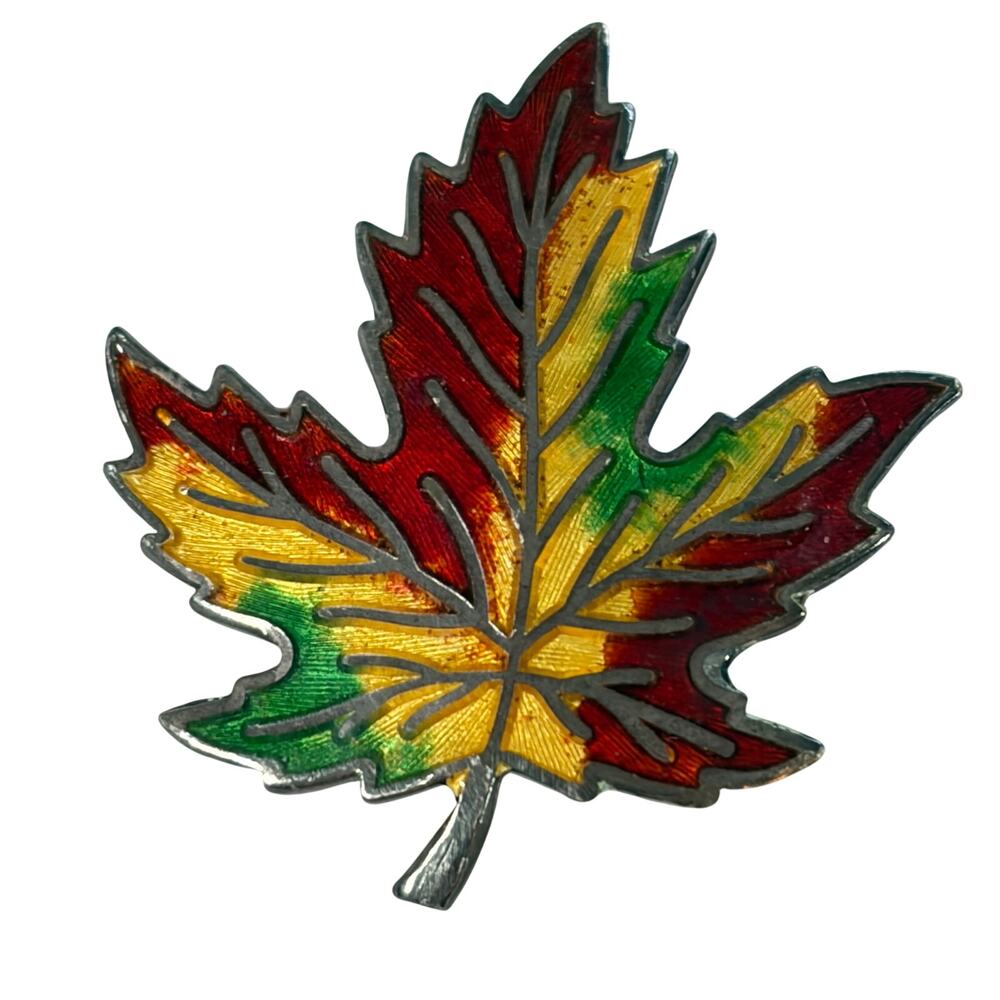 VTG Sterling Silver multicolor enamel leaf brooch, pin. Autumn, fall, decorative